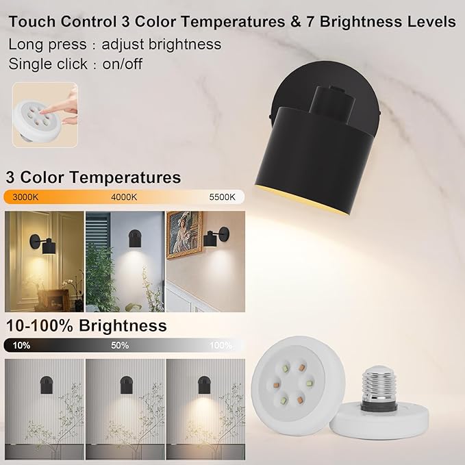 Tipace Vintage Battery Operated Wall Sconces,Cordless Battery Powered LED Wall Lights Set of 2,Wall Lamp Fixture Black 360°Rotate with Remote Control for Bedroom Farmhouse Gallery