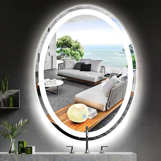 28 x 36 Inch Oval LED Vanity Mirror with Lights 3 Color Dimmable Memory Front Back Light 36 Oval Lighted Mirror for Bathroom Makeup Salon Wall Mount AntiFog 36in Ovals Smart Light up Mirrors