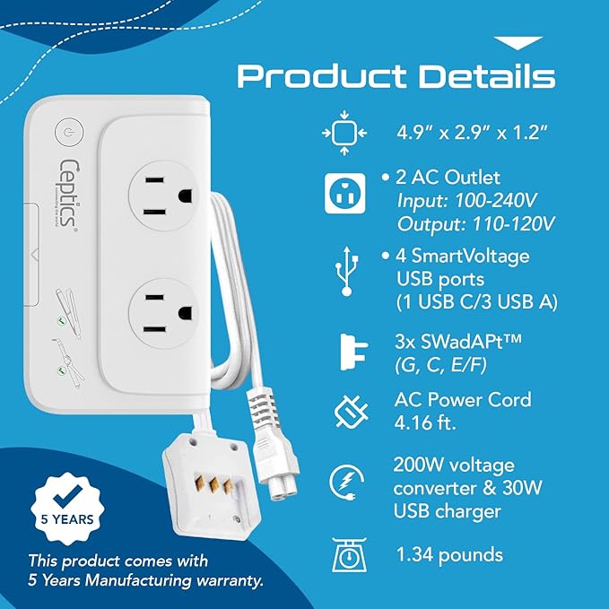 Ceptics European Travel Voltage Converter, 200W Adapter for Curling Iron, Straightener, Charger, Step Down World Power Plug - 4 USB PD 18W Fast Charging - SWadApt Compatible - Type C, E/F, G Included