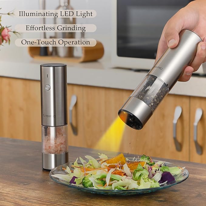 Electric Salt and Pepper Grinder, USB Rechargeable, Automatic Salt and Pepper Shaker, Adjustable Coarseness, Electric Pepper Mill, LED Light, Refillable, Kitchen Gadget (1-Pack, Stainless Steel)