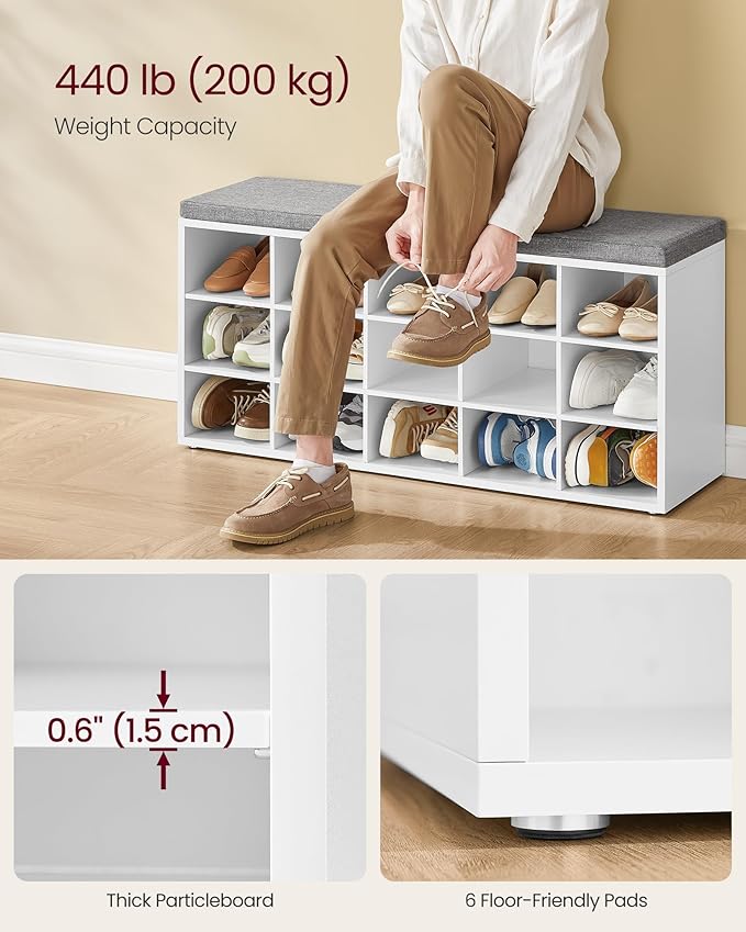VASAGLE CUSTOS Collection - Shoe Bench, Storage Bench with Padded Seat, Entryway Bench with 15 Compartments, for Bedroom, 11.8 x 41.3 x 18.9 Inches, Cloud White and Dove Gray ULHS15WT