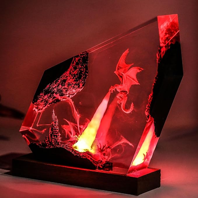 Epoxy Fire Dragon Resin Lamp, Handmade Resin Night Light with USB Port, Multi-Color LED Light, Ideal Home Bedroom Decor, Unique Birthday Holiday Gifts for Father Men Husband Boyfriend Him (10"x6")
