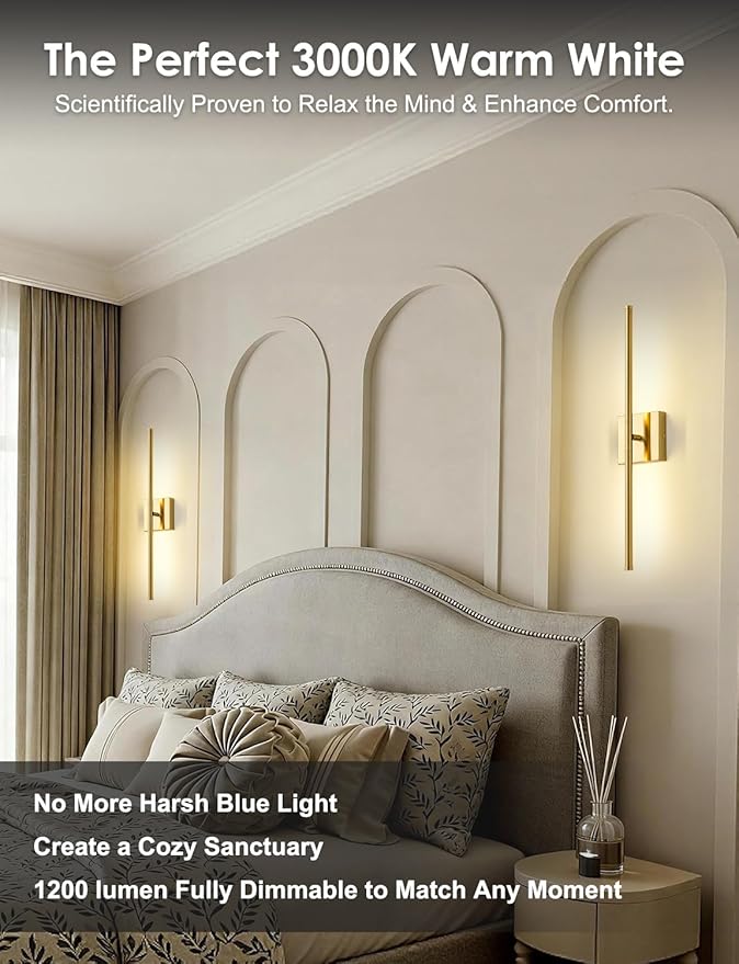KARTOOSH 24.4 Inch Hardwired Wall Sconces Set of Two, 3000K Warm White Dimmable Modern Wall Sconces, 350° Rotate LED Light Fixtures Wall Lamp for Bathroom Living Room Bedroom Bedside, Brushed Brass