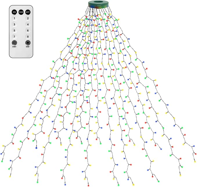 Christmas Tree Lights 400 LEDs with Timer, Xmas String Lights with Ring 16 Strings 6.6FT Easy to Install, Christmas Curtain Fairy Tree Light 8 Modes for Xmas Fir Pine Party Decoration, Colorful