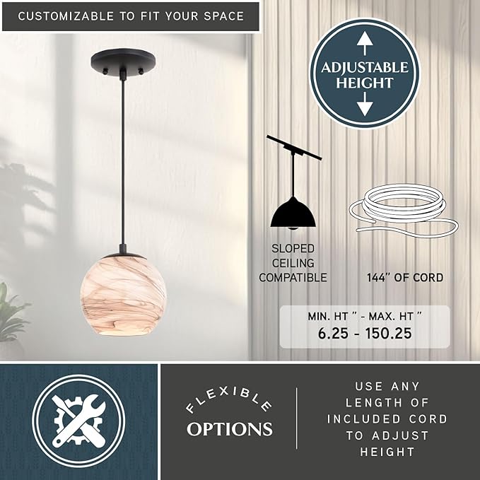 VAXCEL Milano LED Compatible Matte Black Transitional Mini Pendant Ceiling Light Multi Color Art Glass