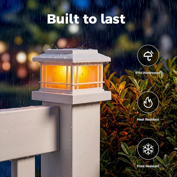 JOFIOS Flickering Flame Solar Post Cap Lights Outdoor, White Post Lights with 3 Color Temperature, Fits 3.5" 4" 4.5" 5" Wood/Vinyl Posts, IP64 Waterproof Fence Deck Lights for Garden Patio Yard 8 Pack