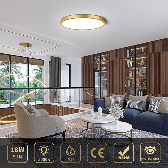 9Inch LED Flush Mount Ceiling Light Fixture, 18W(180W Equivalent), 1800LM, 5000K Daylight White, IP40, Flat Modern LED Ceiling Lights for Bedrooms, Living Rooms, Bathrooms, Stairwells, etc.(Gold)