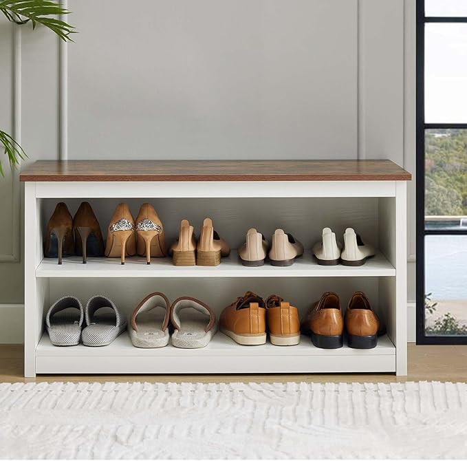 Farmhouse Storage Bench with 2-Tier Open Shelf, Shoe Bench with Cushion for Entryway, Mudroom, Hallway, Living Room & Bedroom Organization, White
