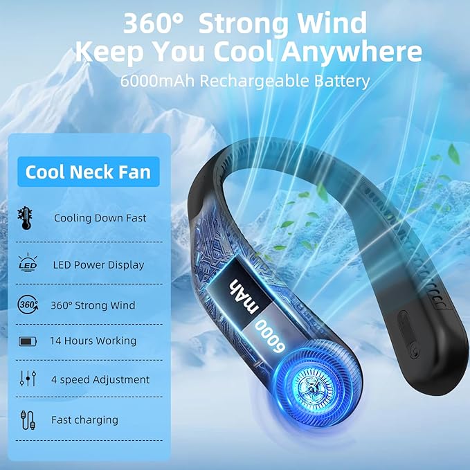 Portable Neck Fan,Hands Free Personal Wearable Bladeless Fan,6000mAh USB Rechargeable,360° Cooling,LED Display,4-Speeds,Birthday Gifts for Men Women Dad Mom,Valentines Day Gifts for Her Him (Black)