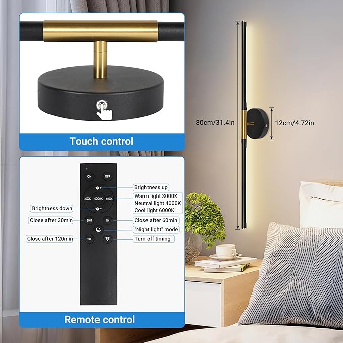 TaoFiaCo Battery Operated Wall Sconces, 360°Rotate Wireless Rechargeable Wall Sconces with Remote Control, Black Gold, Dimmable, Timing Decor Lights for Bedroom Hallway, 31.5 Inch 1 Pack