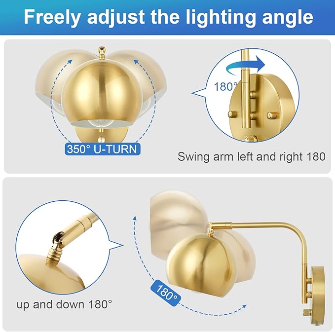 VATONI Plug in Dimmable Wall Sconce Swing Arm Wall Lights with Plug in Cord and Dimmer On/Off Knob Switch, Brushed Brass Globe Wall Light for Bedside Bedroom Bathroom(1 Bulb Included)