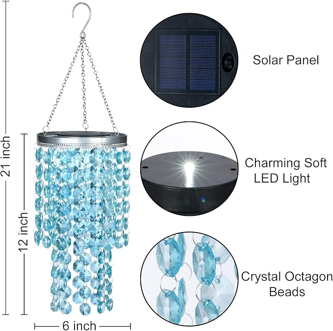 Hanging Solar Crystal Chandelier Outdoor, 21” Modern Solar Blue Acrylic Beaded Lantern with Cool White LED S Hooks for Garden Yard Patio Gazebo Outside Decor