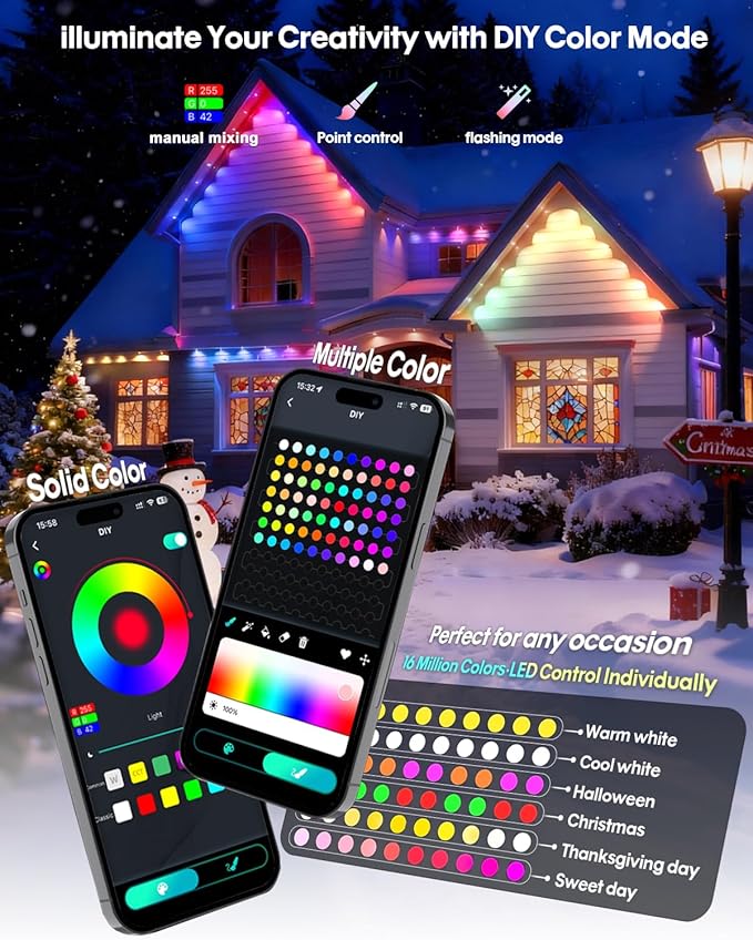 Smart Permanent Outdoor Lights, 100FT 60LEDs Color Changing RGB IC Wall Lights, APP & Remote Control, Music Sync, Dynamic Lighting for House, Living Room, Ceiling, Eave Party Xmas Decoration