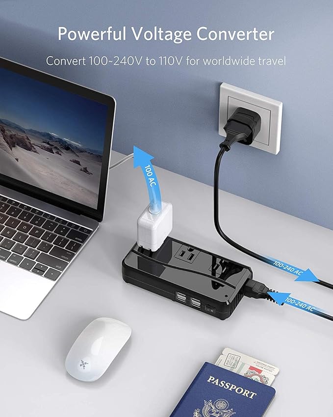 BESTEK Universal Travel Adapter 100-220V to 110V Voltage Converter 250W with 6A 4-Port USB Charging 3 AC Sockets and EU/UK/AU/US/India Worldwide Plug Adapter (Black)