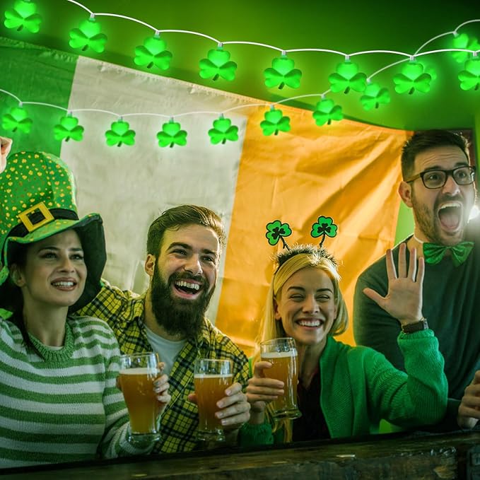 St Patricks Day Decorations Shamrock String Lights, 8.5FT Green Lucky Clover String Lights Waterproof with 10 Green LED Lights for Indoor Outdoor St. Patrick's Day Party Decorations, White Wire