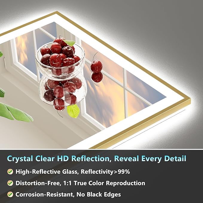 24x36 Gold LED Bathroom Mirror with Lights, Brushed Gold Framed Backlit and Front Lit Anti-Fog Lighted Vanity Mirrors for Bathroom Wall, Dimmable, 3 Colors, Memory, HD Tempered Glass, CRI＞90