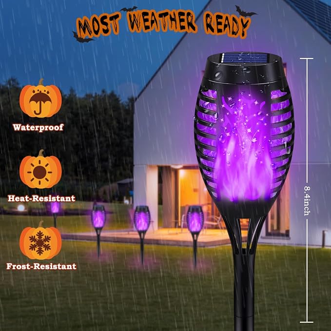 Outdoor Halloween Decorations, 10Pack Purple Flickering Flame Solar Torch Light for Yard Decorations, Waterproof Halloween Lights Outdoor, Solar Lights for Outside Decor Garden Patio Lawn Path Scary