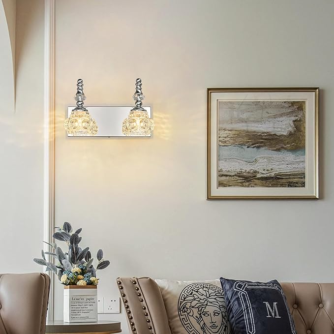 Modern Glass Crystal Vanity Light - Vintage Bathroom Lighting Fixtures Over Mirror, 2 Light Vanity Lights G9 Bulb (11.81 Inch, Chrome)