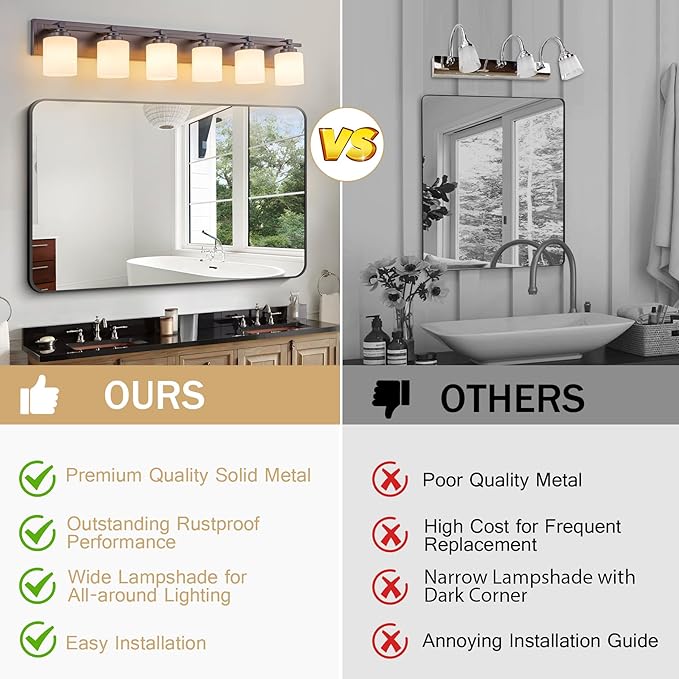 6 Light Modern Bathroom Light Fixtures Over Mirror, Bronze Finish Vanity Lights for Bathroom Wall Sconces with Milky White Glass Shades, E26 Socket (Bulbs Not Included)