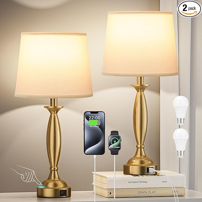 White Gold Lamps for Bedrooms Set of 2 - Touch Control Bedside Lamp with USB C+A, 3 Way Dimmable Nightstand Lamps with USB Port, Table Lamp for Living Room(White Shade and Gold Base)