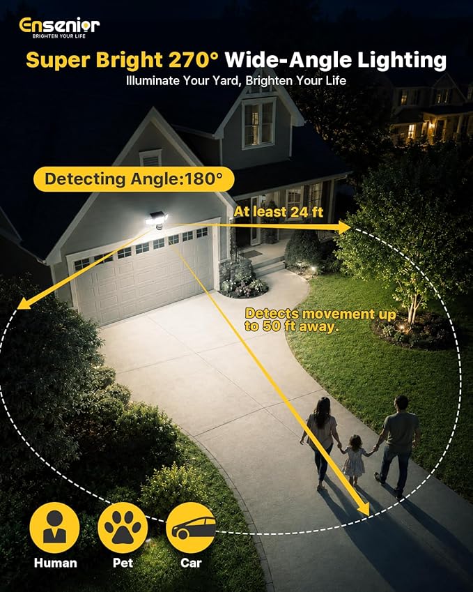 Ensenior Solar Motion Lights Outdoor, 228 LED 3000LM High Brightness Security Lights with Remote Control, IP65 Waterproof 3 Heads Flood Light 4 Modes, 270° Wide Angle Motion Sensor Light, 2 Packs
