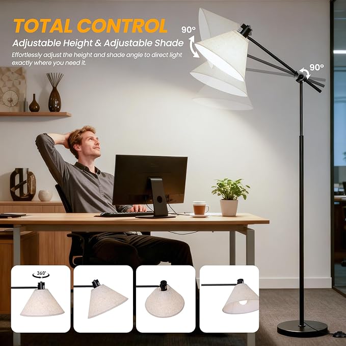 Remote Floor Lamp for Living Room and Bedroom - Modern Tall Standing Lamps with Led Bulb and Dimmable Light - Black Arc Stand Lights with Shade for Home Decor, Office, Reading and Corner