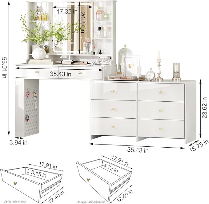 Makeup Vanity Desk with Mirror and Lights, Vanity Desk with 8 Drawers & Storage Shelves, Vanity Table with Power Outlet, 3 Color Modes & Adjustable Brightness Dressing Table, Bedroom,White