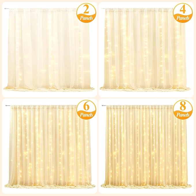 Ledido 10×8ft Black Tulle Backdrop Curtains with Lights String - 300LED Fairy Lights Sheer Curtain Backdrop for Wedding Baby Shower Photo Shoot Birthday Party Decoration(2 Panels 5×8ft)，Black