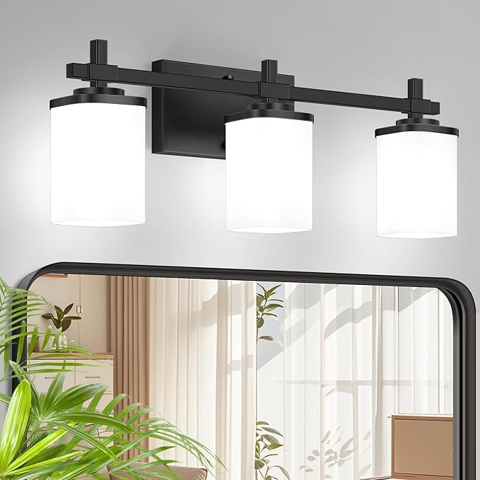 3-Lights Black Vanity Lights for Bathroom with White Square Frosted Glass Shades, Modern Eye-Friendly Bathroom Light Fixtures Over Mirror, Bath Wall Lighting for Bedroom Living Room Cabinet