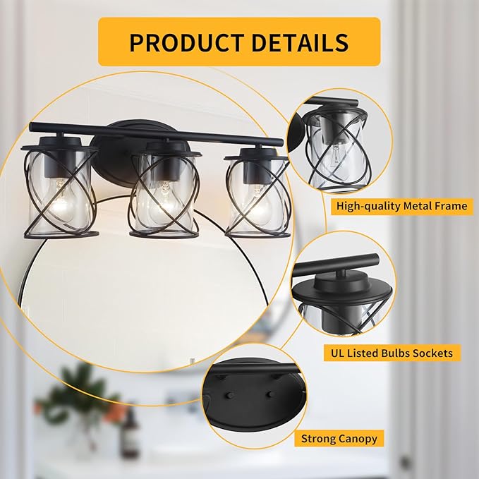 MAVCADONF 3-Lights Matte Black Cage Shade Modern Bathroom Vanity Light Fixtures Over Mirror, Bathroom Wall Lamp for Mirror, Kitchen, Bedroom