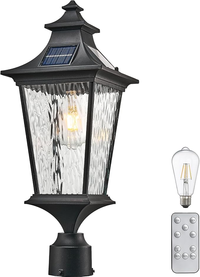Solar Lamp Post Light Aluminum 20.7 Inch Large Size Outdoor Post Lights Hard Wired with Water Ripple Glass Black Lamp Posts Outdoor Lighting with Remote Control and LED Bulb