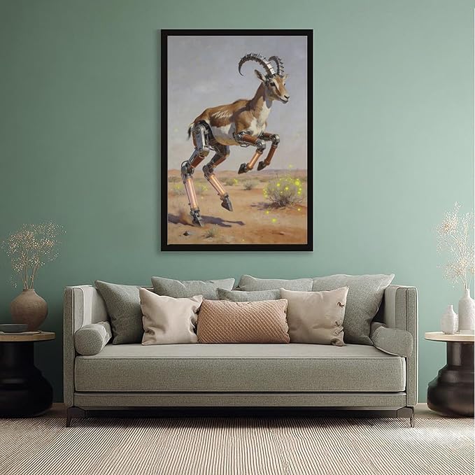 Framed Steampunk Mechanical Antelope Wall Art - Desert Futuristic Poster for Loft Living Room Decor 12x18in