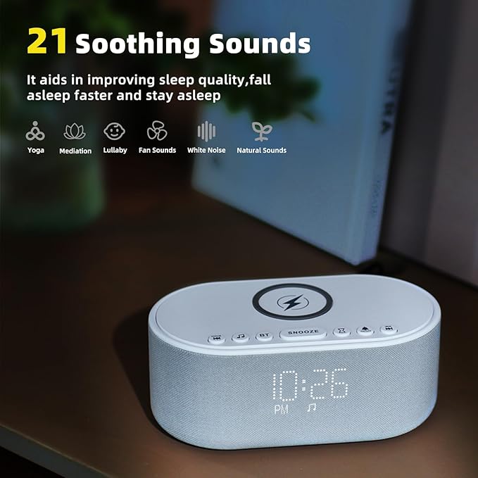 Sound Machine Alarm Clock Wireless Charger: Bluetooth 10W Stereo Sound Speaker Bedroom - White Noise Machine for Sleeping with 21 Soothing Sounds
