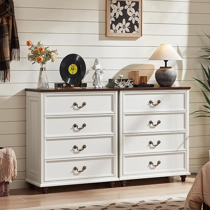 Farmhouse 4 Drawer Dresser Set of 2 for Bedroom, 37" Tall Rustic Chests of Drawers w/ 4 Solid Wood Feet, Mid Century Vintage Wooden Closet Storage Dressers Organizer for Living Room, White