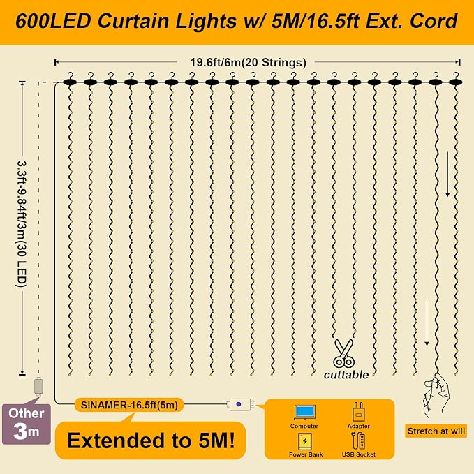 600LED Multicolor Curtain Lights for Bedroom, 19.6ft x 9.8ft Fairy Curtain String Light with 24 Hooks, 8 Modes Hanging Lights for Wedding, Party, Backdrop, Window, Xmas Decor