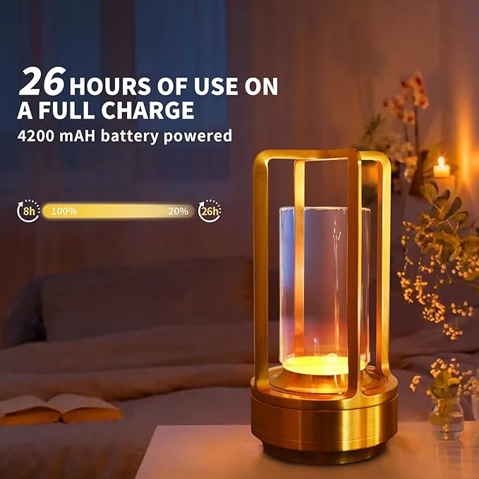 2 Pack Crystal Lantern lamp with Touch Dimming, Rechargeable LED Table Lamp, 3-Color Adjustable Brightness, 4200mAh Battery Powered Desk Light for Bedroom, Restaurant, Outdoor