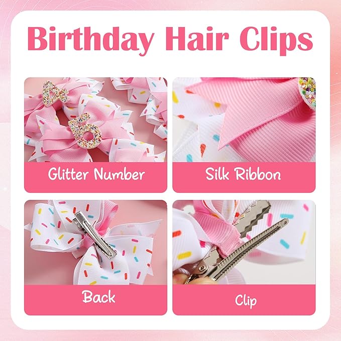 2 Pack 6th Birthday Hair Bow for Girls, Pink Hair Clips Hair Accessories for Girls 1 2 3 4 5 6 Years Birthday Confetti Ice Cream Party Supplies Decorations