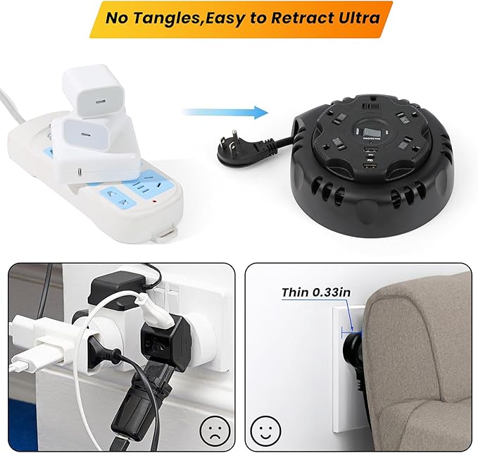 10ft Flat Plug Surge Protector Power Strip, Retractable Extension Cord with Multiple Outlets, 5 AC & 3 USB Charger(1 USB C Port), Desktop Charging Stations for Home/Office/Dorm Room