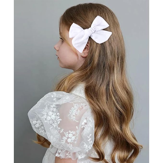 DEEKA 4 PCS White Cotton Linen Hair Bows 3 Styles 5" & 4" Handmade Hair Bow set for Toddler Girls Alligator Hair Clips Knot Bows Hair Accessories for Little School Girls (White)