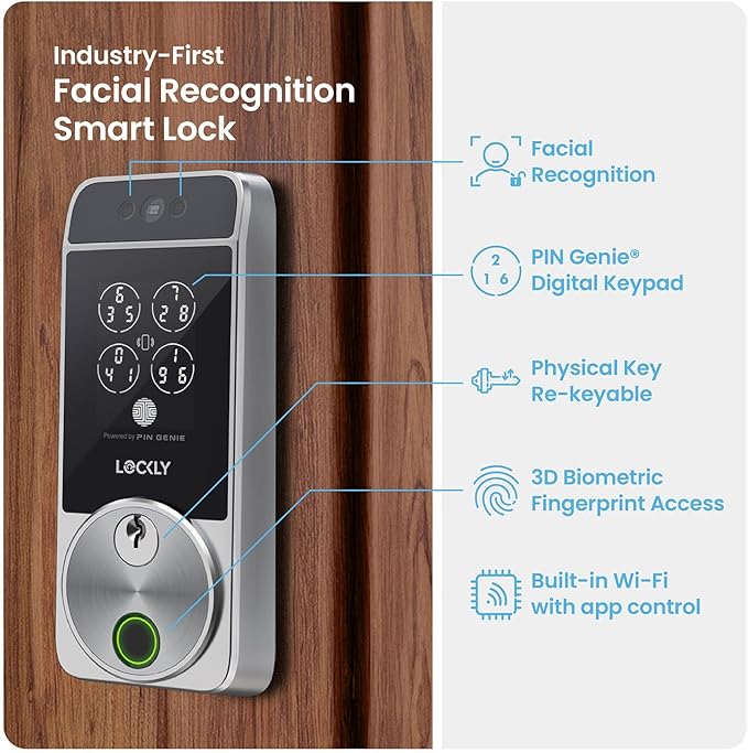 Lockly Visage Zeno Series Smart Lock, Facial Recognition & Fingerprint Keyless Entry Door Lock, Built-in Wi-Fi Deadbolt with Apple Home Key, PIN Genie Keypad, App Remote Control, Easy Installation