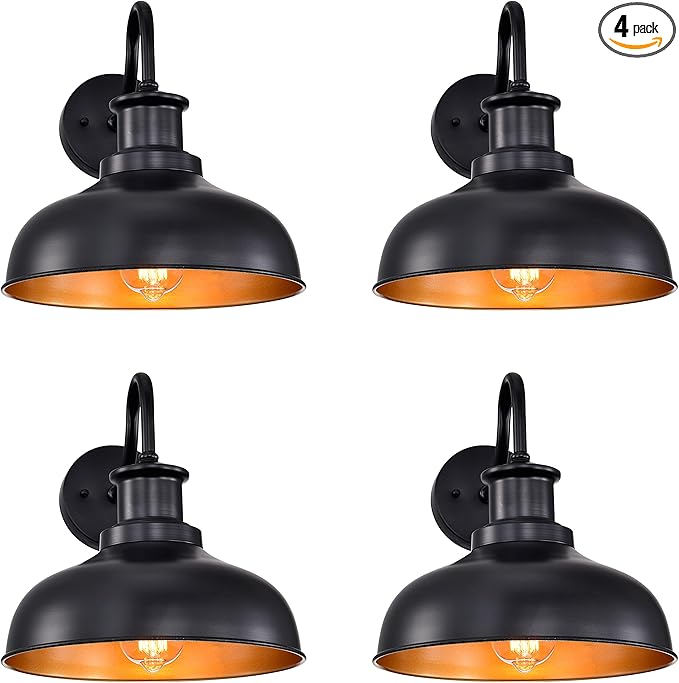 Outdoor Barn Lights, Farmhouse Outdoor Wall Sconces, Rustic Exterior Wall Mount Lights, Vintage Outside Lighting Fixtures, Industrial Black Gold Lanterns for Porch Garage Patio, 4 Pack