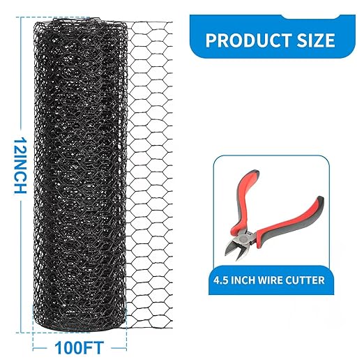 1/2 Inch Black Wire Mesh Roll - 12'' x 100' Chicken Wire Fence, 21 Gauge Hardware Cloth Poultry Netting for Garden/Animal Barrier/Rabbit/Floral/Chicken Coop/DIY Projects