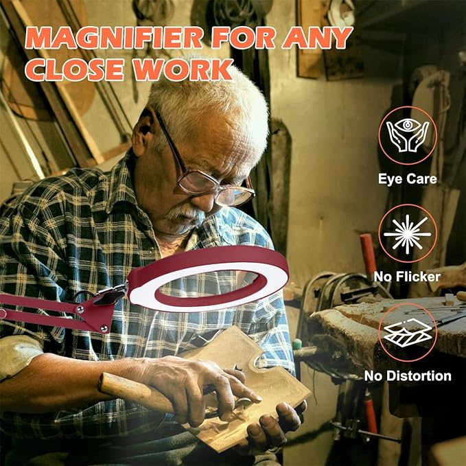 10X Magnifying Glass with Light and Stand, Real Glass Lens Desk Lamp, Lighted Magnifier with Light Stepless Dimming Hands Free for Craft, Reading, Painting, Sewing, Solder - Red