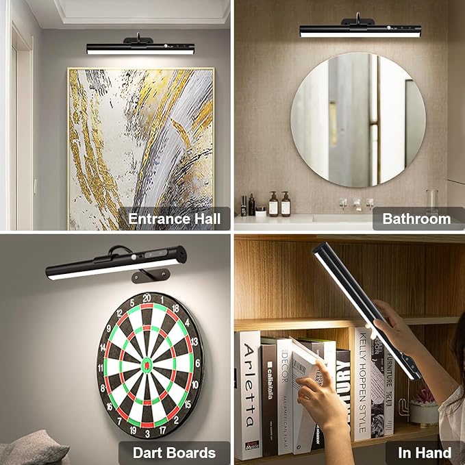 Hapfish Motion Sensor Battery Operated Wall Sconce, Wireless Picture Lights for Wall, Rechargeable Magnetic Art Lighting with Remote Control, Battery Picture Light for Poster Dartboard Mirror - Black