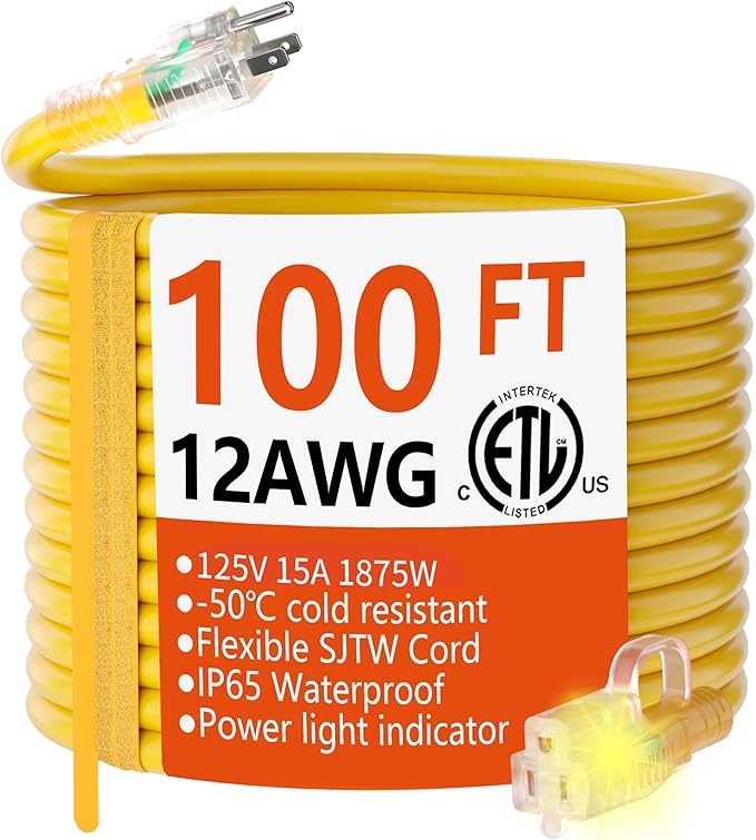HUANCHAIN 12/3 Gauge Heavy Duty Outdoor Extension Cord 100 ft Waterproof with Lighted end, Flexible Cold-Resistant 3 Prong Electric Cord Outside, 15Amp 1875W 12AWG SJTW, Yellow, ETL
