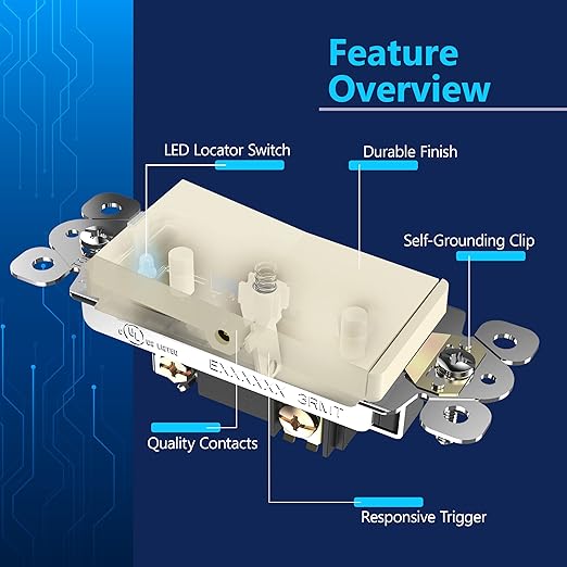 LIDER Minimalist Design Matte Finish Lighted 4-Way Decorator Light Switch, Four Way Frameless Rocker Switch, Residential/Commercial Grade, 15A 120V/277V, UL Listed, LS15-4W-LA, Light Almond