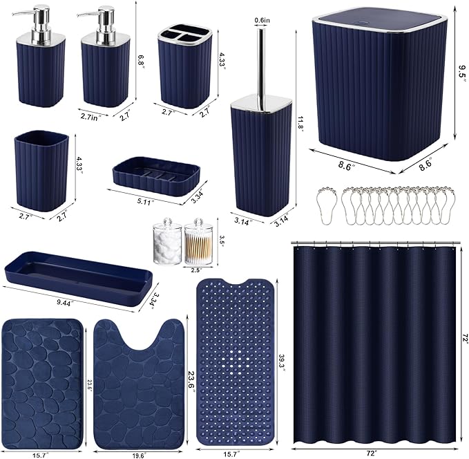 XLHOMO 26PC Bathroom Accessories Set - Gorgeous Blue Bathroom Set, Bathroom Accessory Set, Blue Shower Curtain Set with Bathtub Mats for Shower Tub