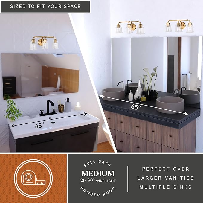 VAXCEL Toledo 3-Light 22 inch Wide Natural Brass Gold Industrial Bathroom Vanity Lighting Fixture, Clear Glass Shade, Dimmable, LED Compatible, Over The Mirror Mounted Steel Wall Sconce
