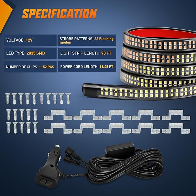 Nilight 2PCS 70 Inch Emergency Strobe Light Strip 1125 LED Running Board Lights Amber White Flexible Side Flashing Warning Caution Safety Waterproof for Truck Construction Vehicles Pickup