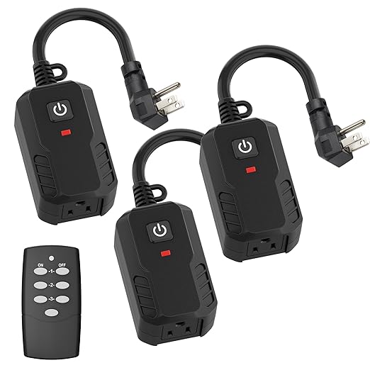 BN-LINK Outdoor Remote Control Outlet Plug Black,Indoor Wireless Outlet Switch Weatherproof Heavy Duty 15A 3-Prong 6-inch Cord 100Ft Range,3Pack(Battery Included)